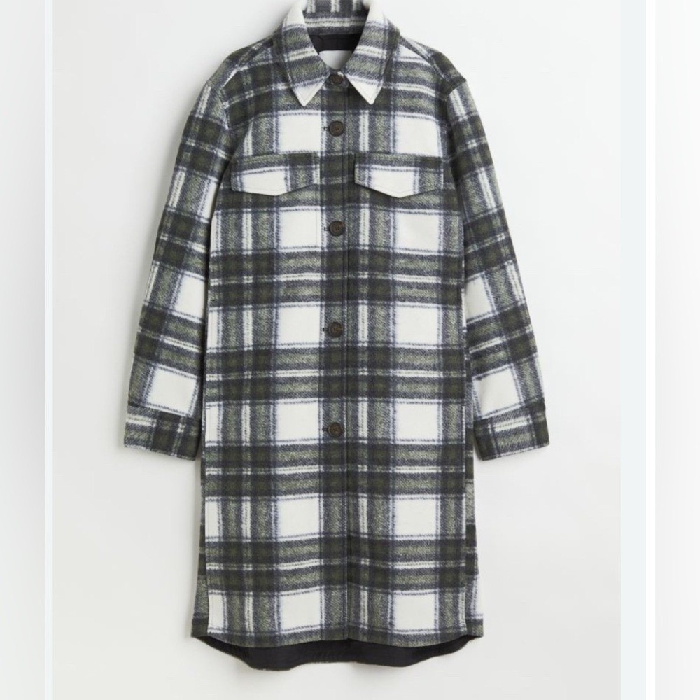 H&M Coat Plaid Long Grey and White Collared ‎ size small